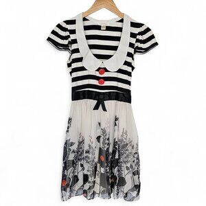 Q Couture Silk Dress Black White Floral Striped Size S Coquette Schoolgirl Doll‎